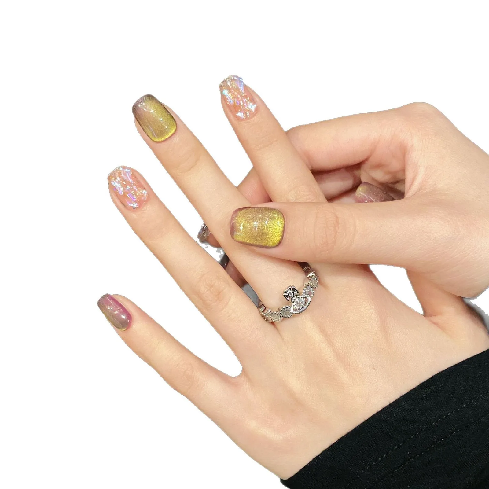 10 stuks handgemaakte korte druk op nagels glanzende twee kleuren cat eye glitter pailletten strass ontwerp nepnagels draagbare nepnagels tip