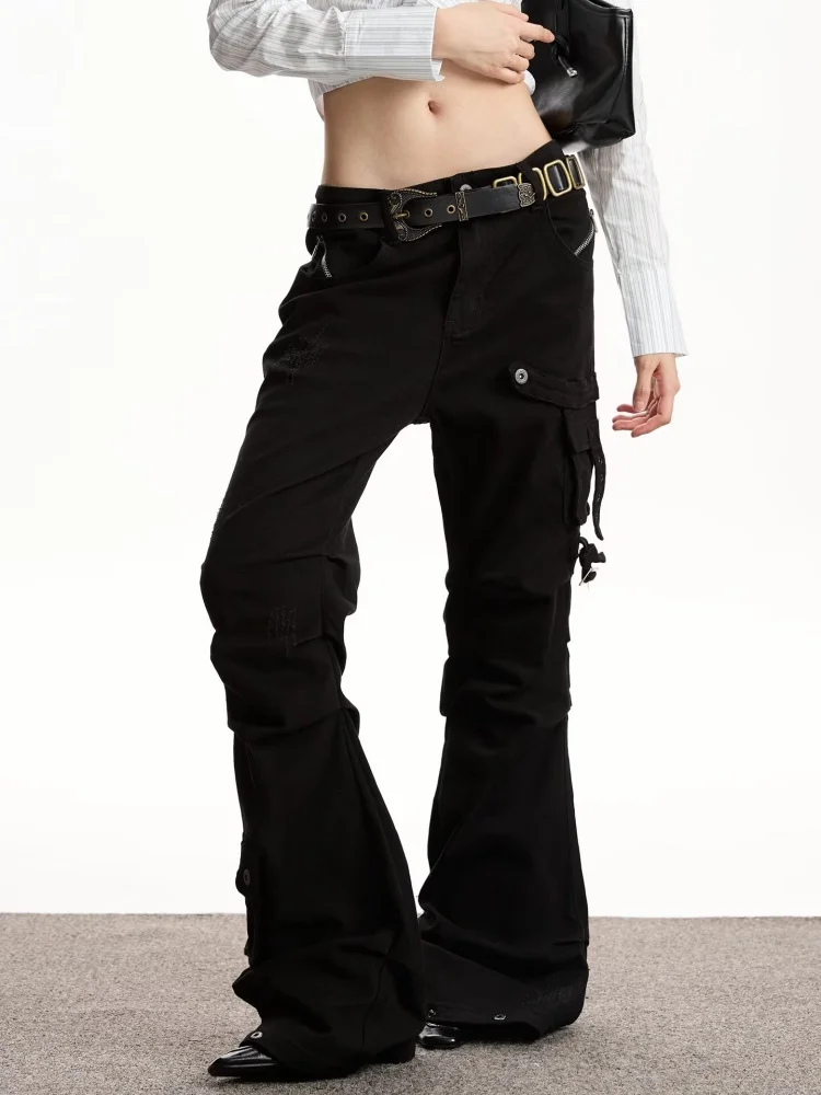 

2025 Vibe Y2K Style Black Strap Zipper Design Slim Stacked Flare Jeans Pants For Women Clothing Lady Long Trousers Ropa Mujer