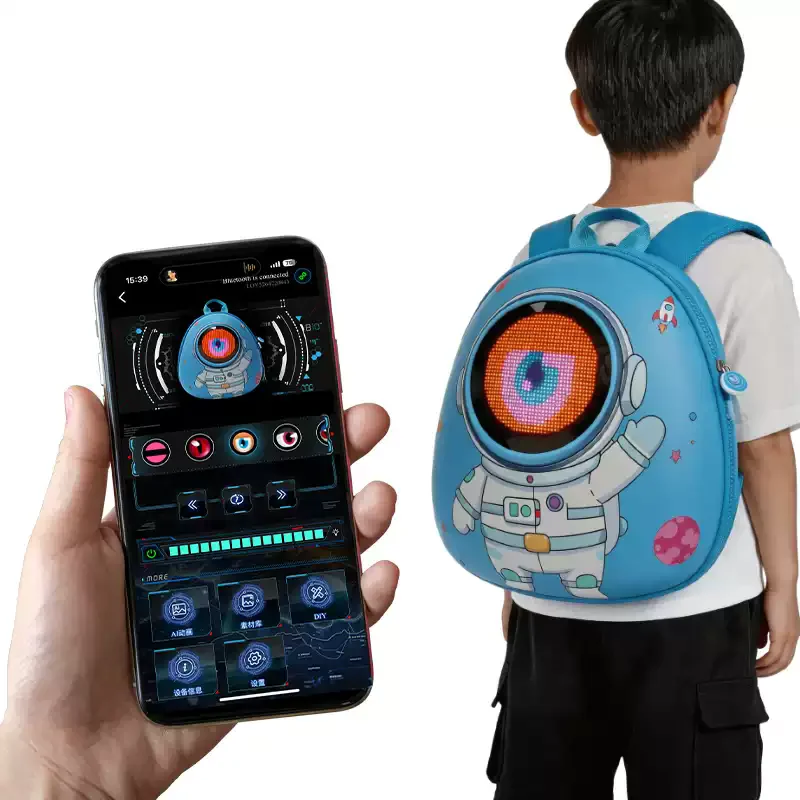Cartoon big-eyed space man LED backpack for students - double shoulder bag with LED screen - dynamic cute pet - blue schoolbag