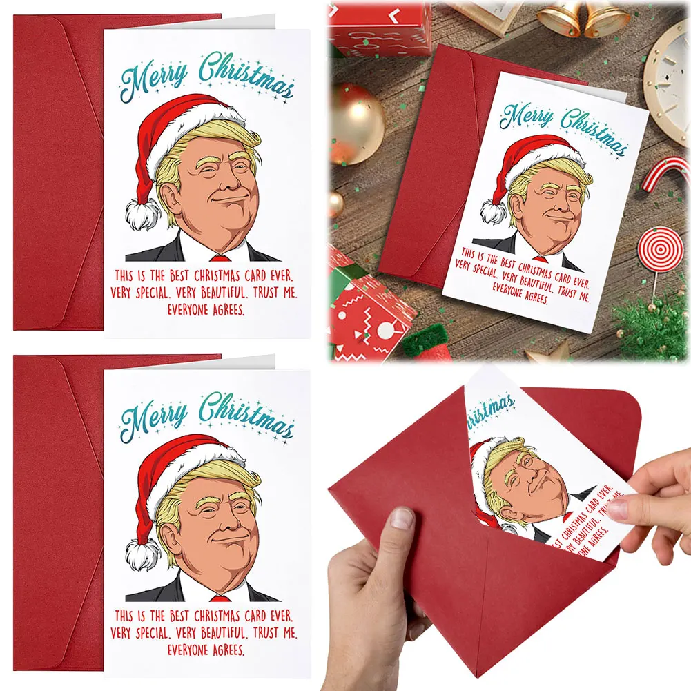 

2Pcs Merry Christmas Greeting Gift Envelope Cards Trump Themed Holiday Greeting Cards Christmas Tree Decoration for Her Him 2024