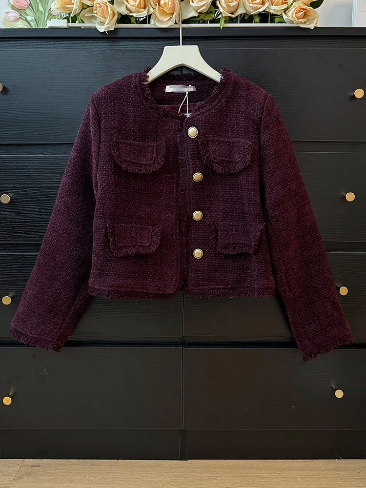 Solid color tweed fringe short style jacket women in spring design sense light luxury loose round neck long sleeved coat view 3