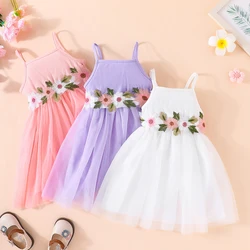 Summer Baby Girl Halter Dress Embroidered Floral Tulle Princess Dress Birthday Party Girl Dress