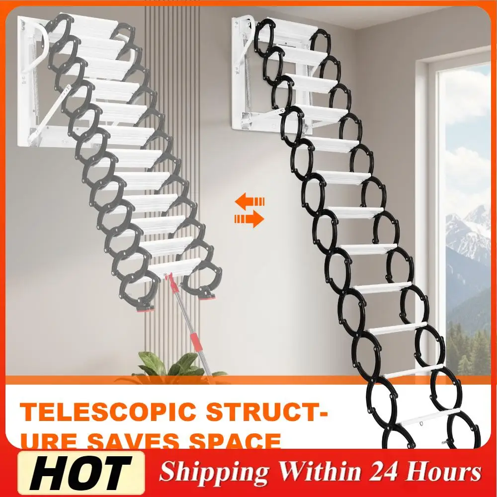 

12 Steps Attic Ladder Pull Down System Up To 600lbs Wall Mounted Ladder with Anti-Slip Steps 11.2ft for Home Indoor Outdoor