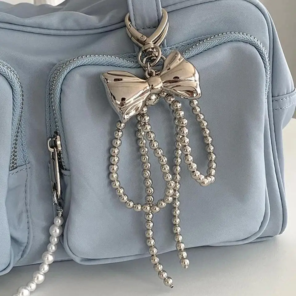 Cute Beaded Pearl Bowknot Keychain for Women Girls Metal Bow Pendant Bag Decoration Accessories image 4
