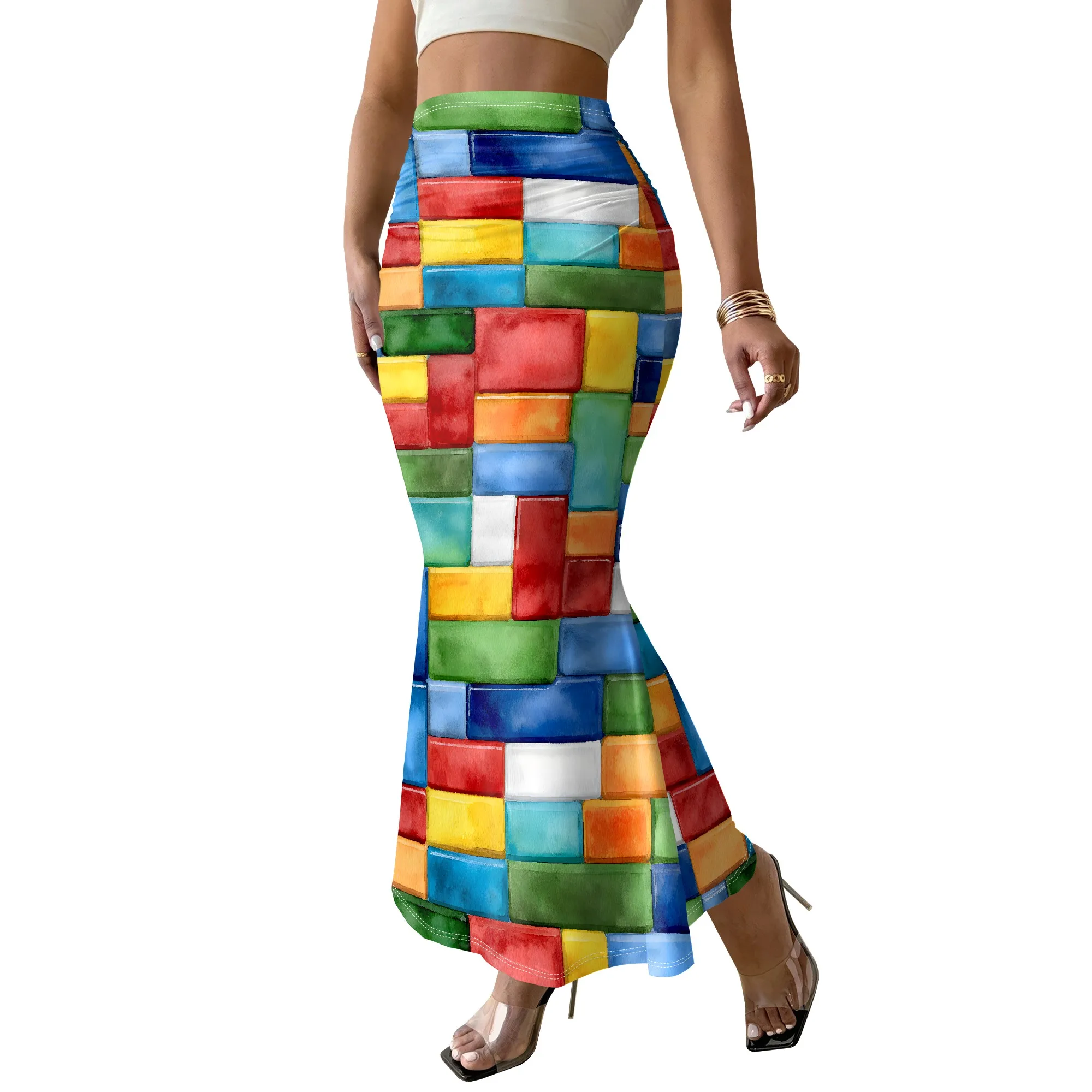 Colorful Print Mermaid Skirt, Abstract Art Pattern Maxi Skirt, Boho Style Long Skirt for Women, Summer Beach Wear S-2XL