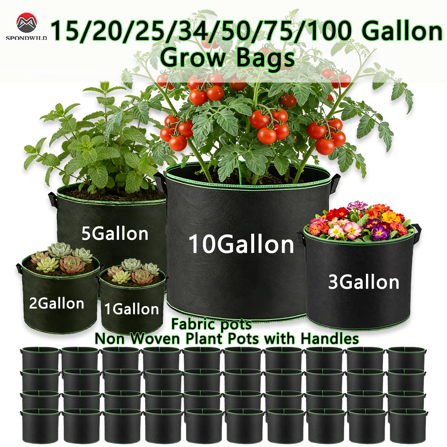 Bolsas de Cultivo SPONDWILD con Asas, Macetas de Tela de 5/7/10/100 Galones para Plantar Tomates, Patatas, Vegetales y Árboles