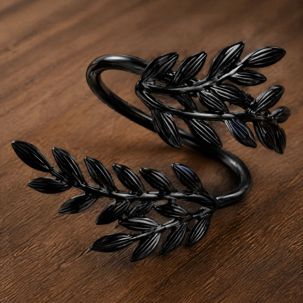 6 pcs Black Leaf Napkin Rings Metal Construction Decorative Twist Napkin Ring Holders Black Wheat Ear Design Curtain Tiebacks