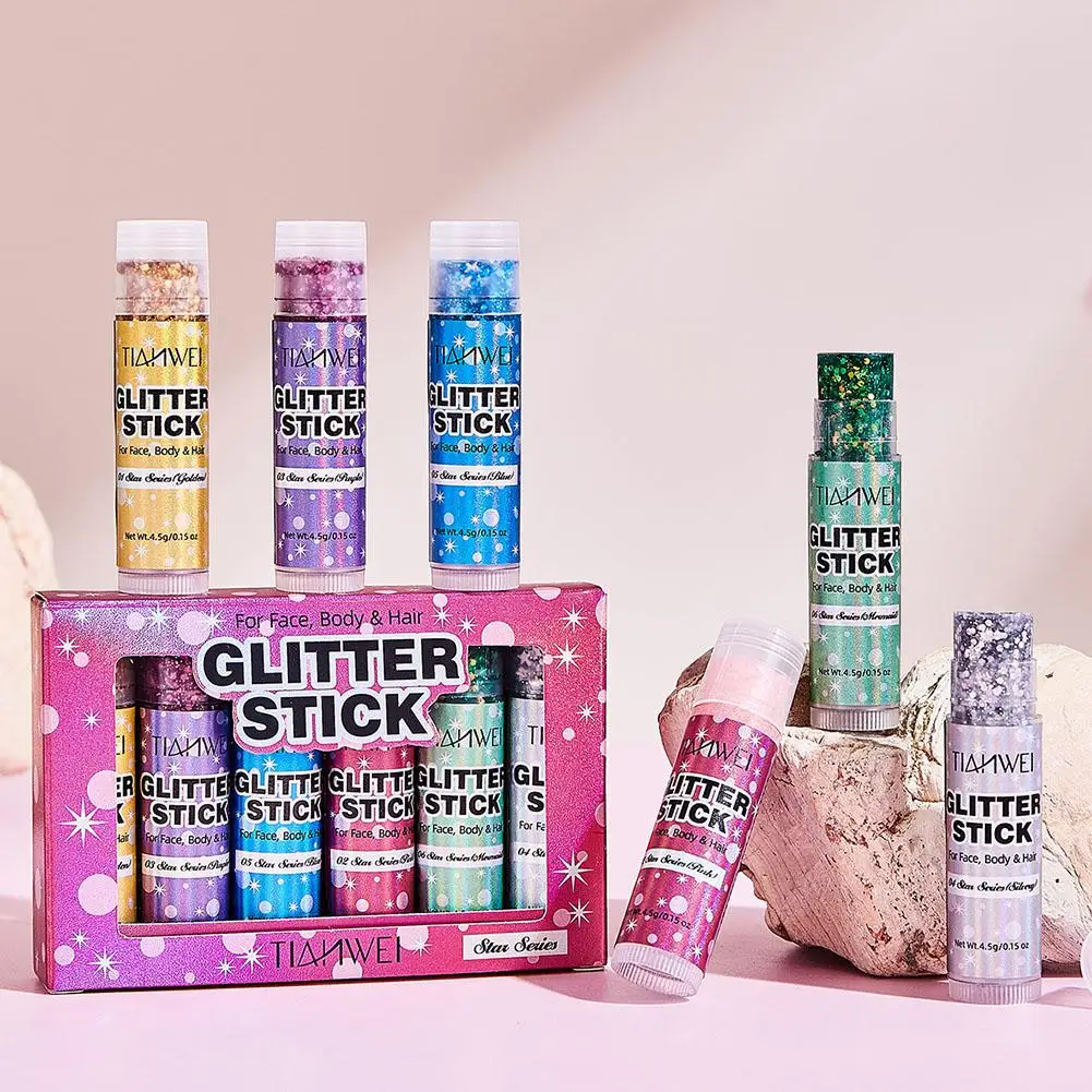 6Pcs Glitter Stick Set for Face Body Hair Sparkling Stick Cream Long‑Lasting Wear Stage Christmas Party Makeup Cosmetic