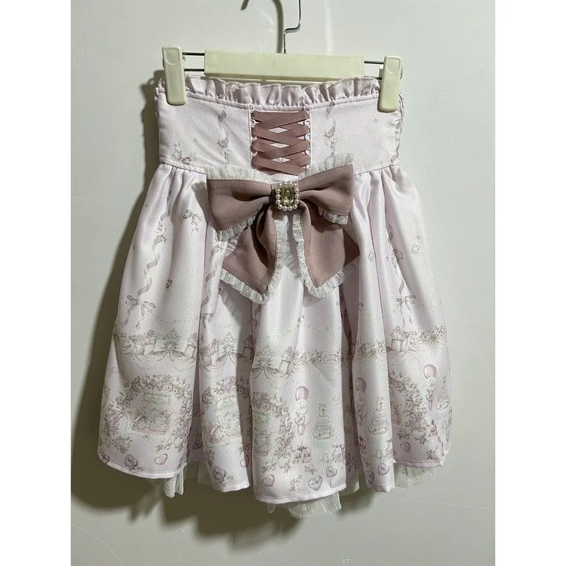 Bow Strap Skirt Dresses Y2K Love Japan Landmine Dire Ribbon Bow Diamond Studded Buckle Detachable Printed Strap Skirt Dresses