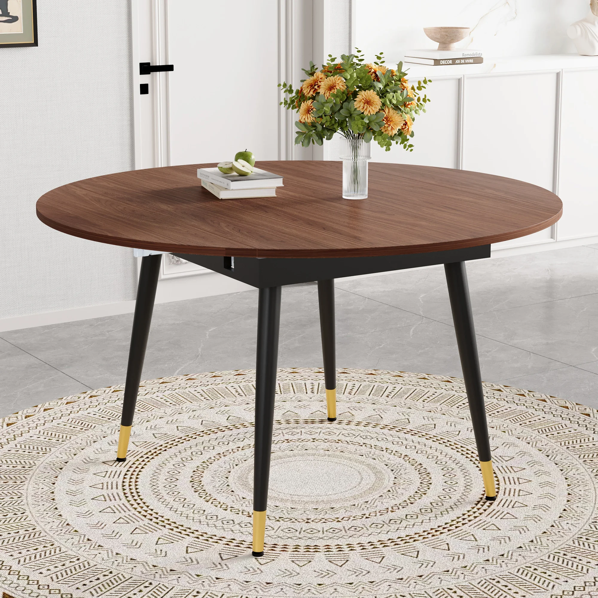 Table à manger extensible moderne, convertible ronde en ovale, plateau en MDF noir ou noyer avec accents dorés, pieds en métal robustes, gain de place pour cuisine et salle à manger