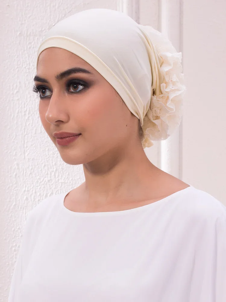 JTVOVO New Pure Color Milk Silk Pan Flower Hat Muslim Stretch Toe Cap Dubai Arab Women's Flower Hat Turban Beanie Fashion
