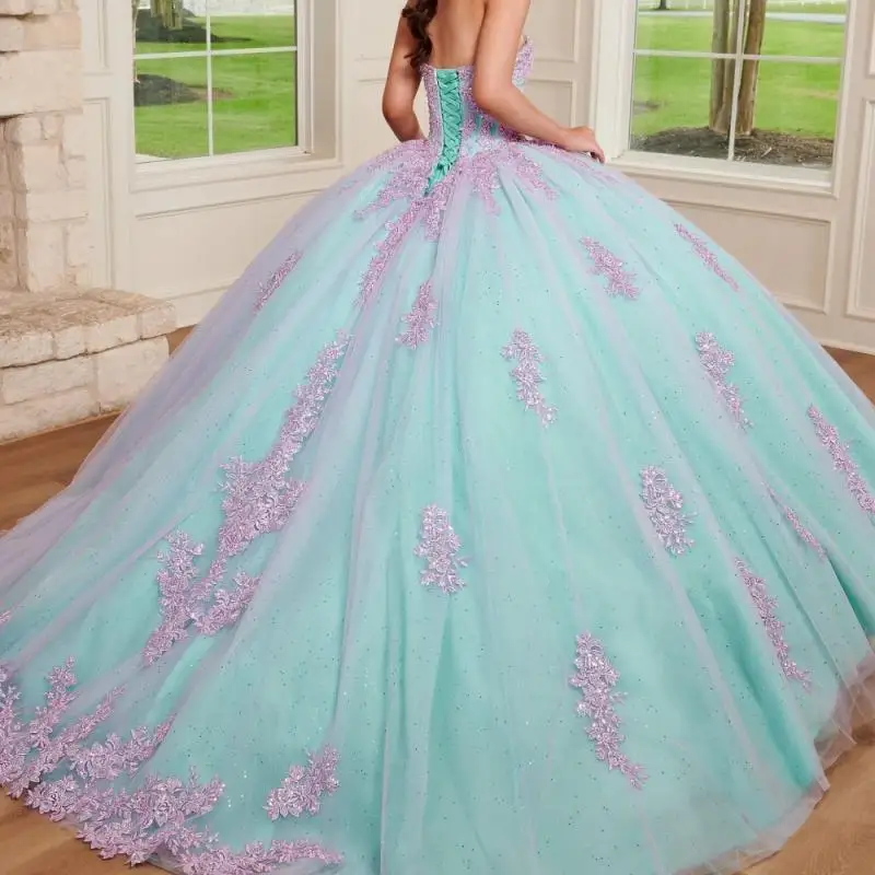 024 Mint Green Quinceanera Dress Ball Gown Pink Lace Applique Beading Puffy Sleeve Sweet 16 Vestido De 15 Anos