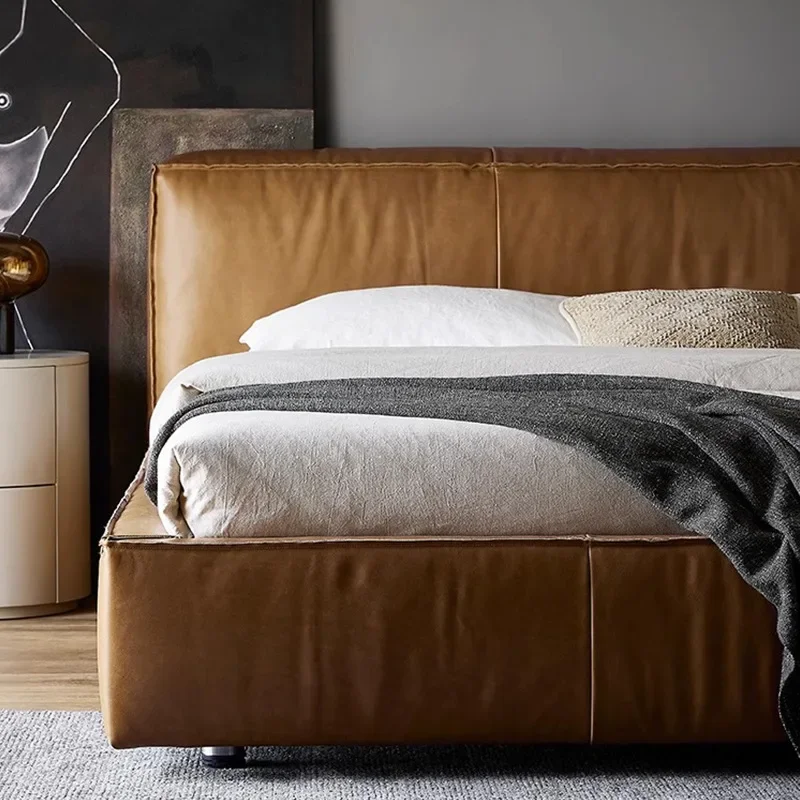 Estilo medieval retro tofu bloco óleo cera cama de couro surpresa vento silencioso quarto maillard cama quadrada