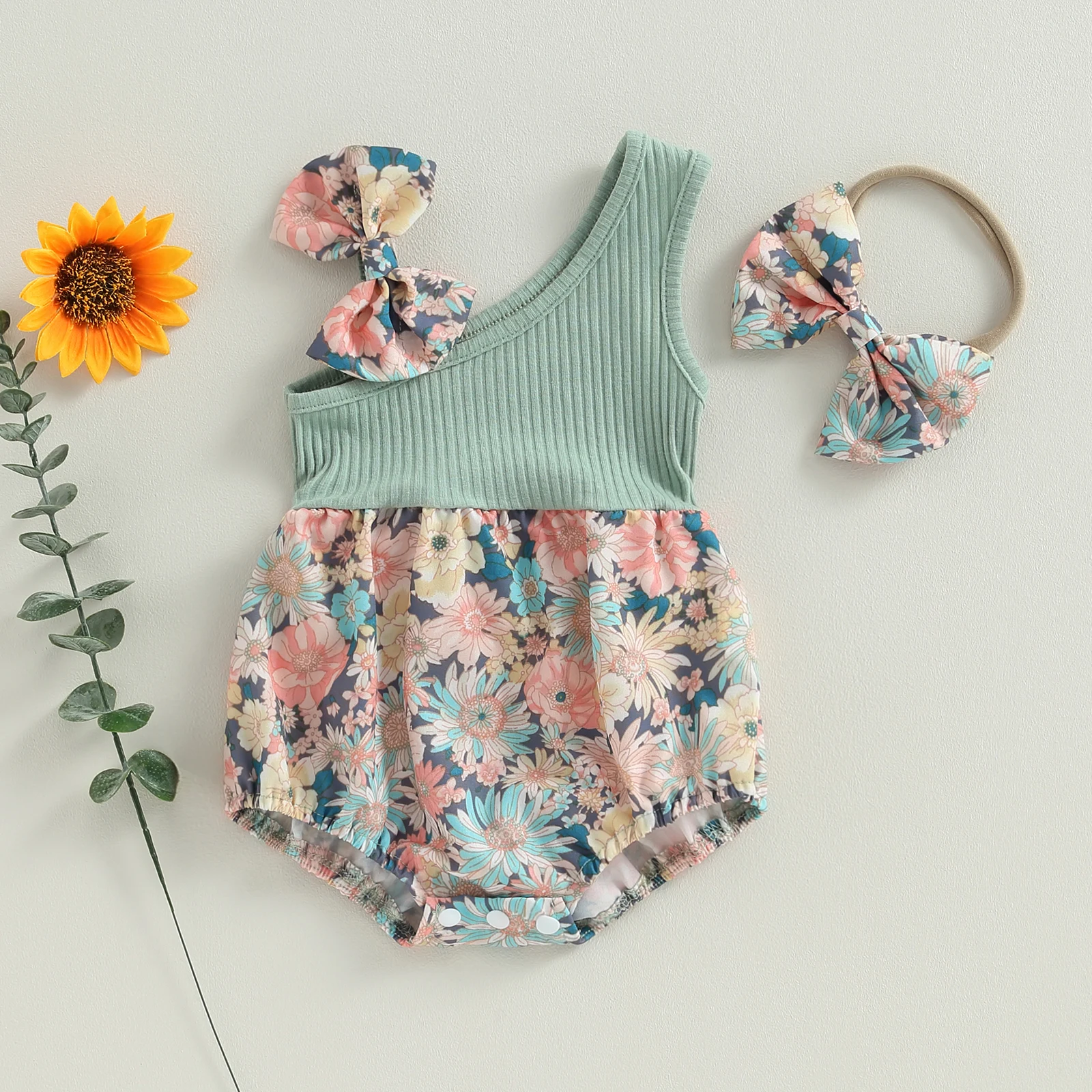 

Toddler Baby Clothes Girl Two Piece Outfits Summer Floral One Shoulder Romper and Stretch Headband Cute Children's Clothing