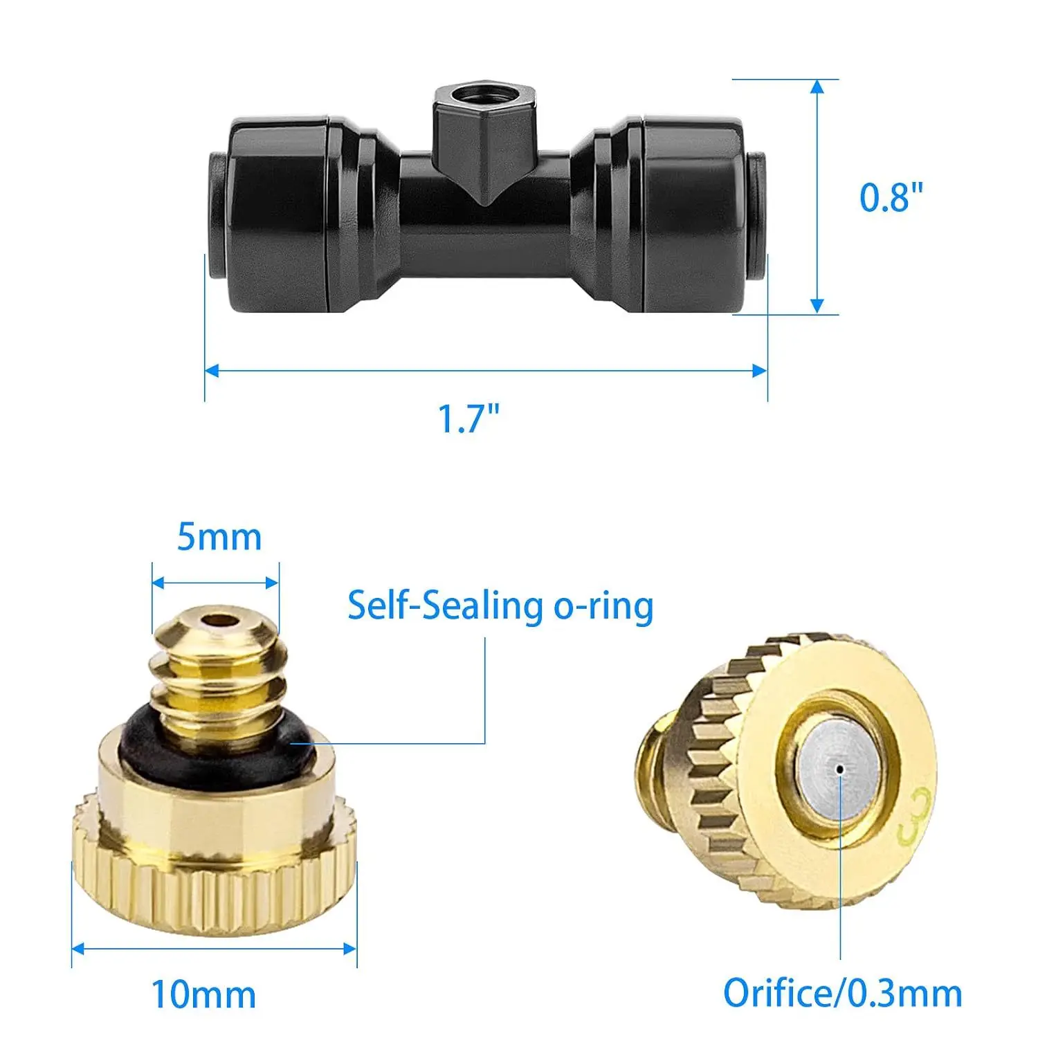 Misting Nozzles Kit Water Misting Tees Thread 1/4 Inch Brass Orifice Nozzle with Black Plug for Outdoor Spray Cooling System