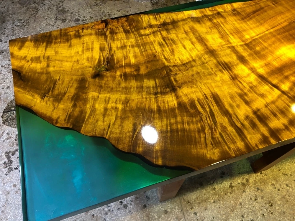 Complete Dining Set with Natural Live Edge Design Green Epoxy Resin & Golden Silk Wood Slab Table