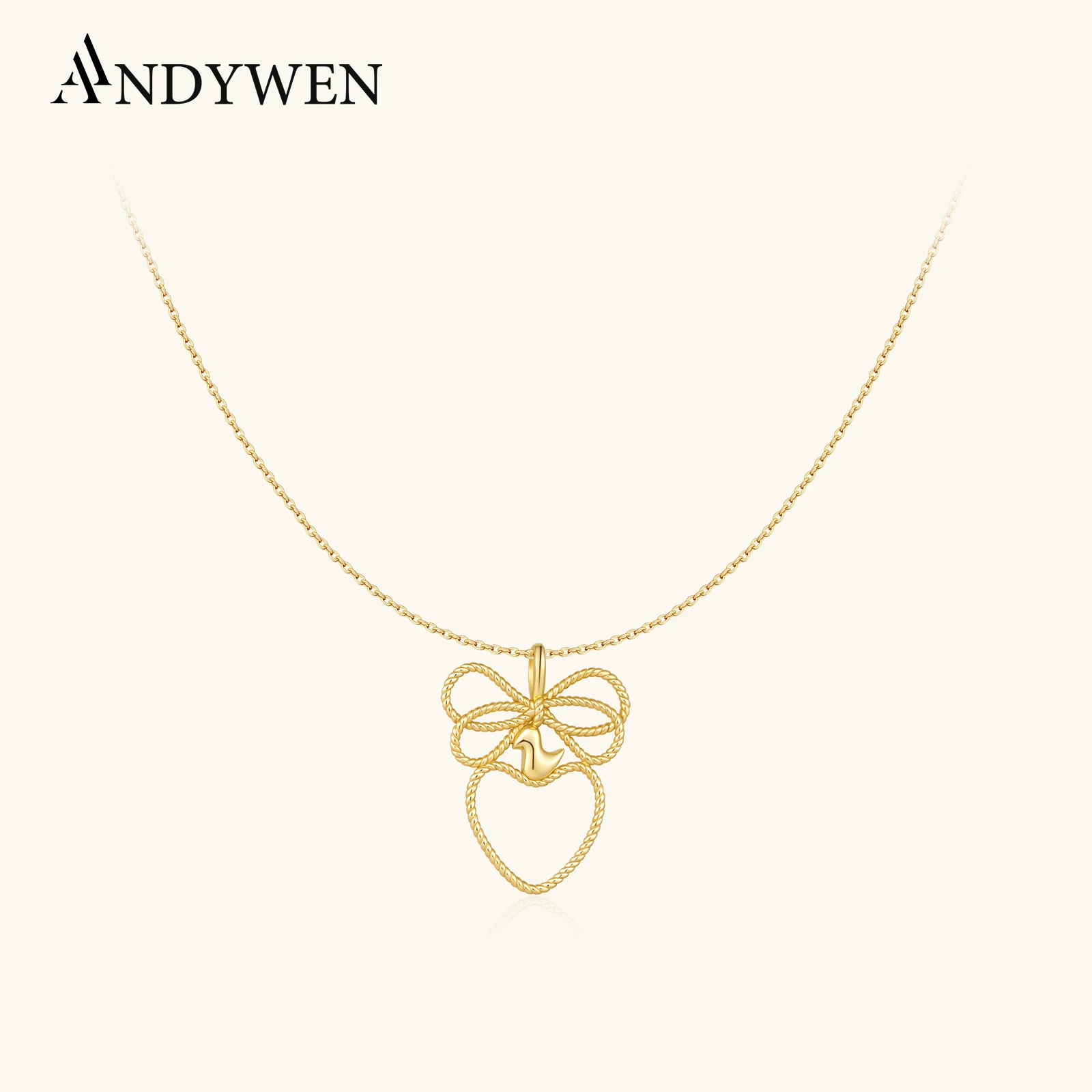 ANDYWEN 925 Sterling Silver Twisted Texture Bow & Hollow Heart Long Necklace 2026 Women Birthday Anniversary Trendy Jewelry Gift