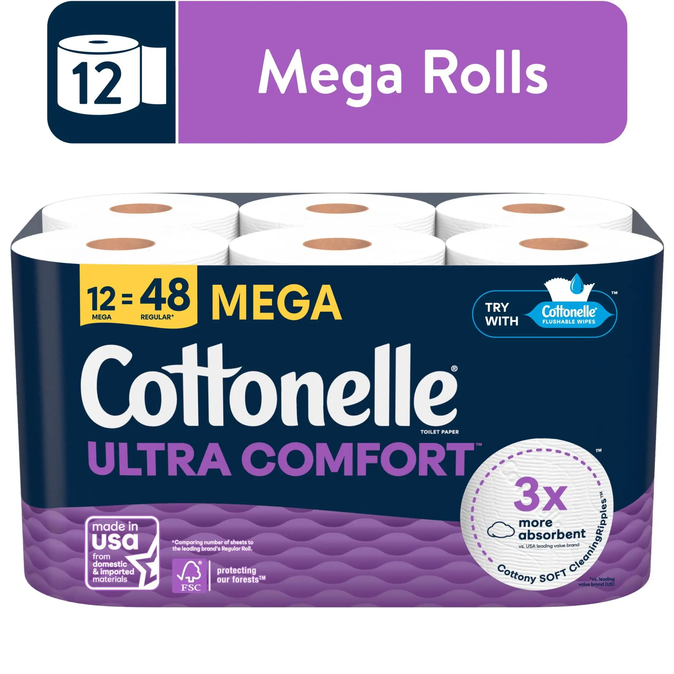 

Ultra Comfort Toilet Paper Soft Toilet Tissue 12 Mega Rolls Comfortable Clean Made of 100% Plant Based Remove Residue