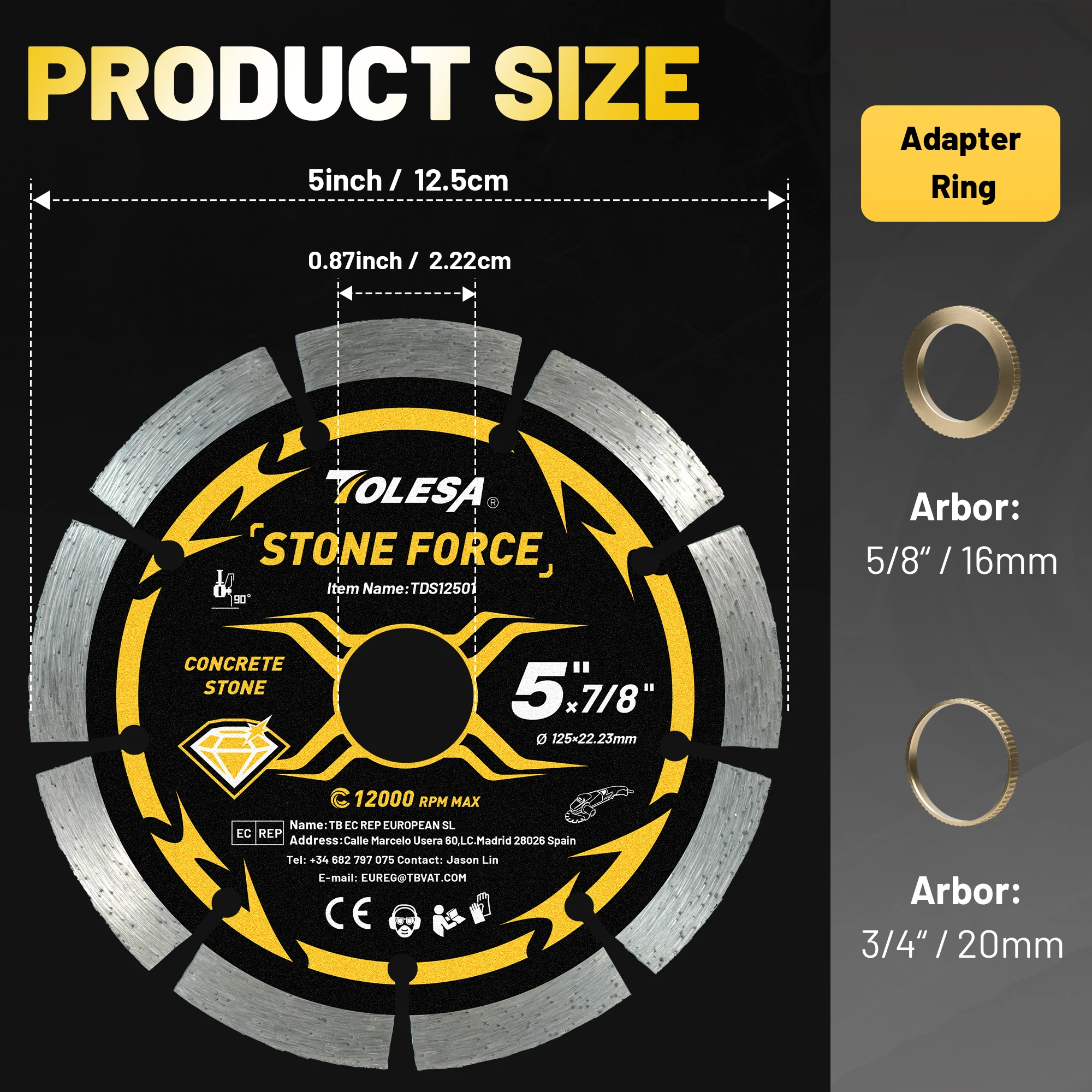 TOLESA 1PC 125mm Segmented Diamond Blade Diamond Dry Wet Grooved Saw Blade Granite Marble Cutting Blade Concrete Stone Fast Cut