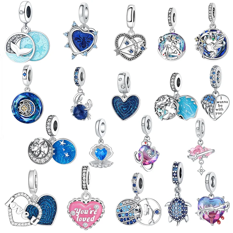 

925 silver fashionable blue series beaded sweet heart-shaped zirconia bracelet pendant DIY accessory