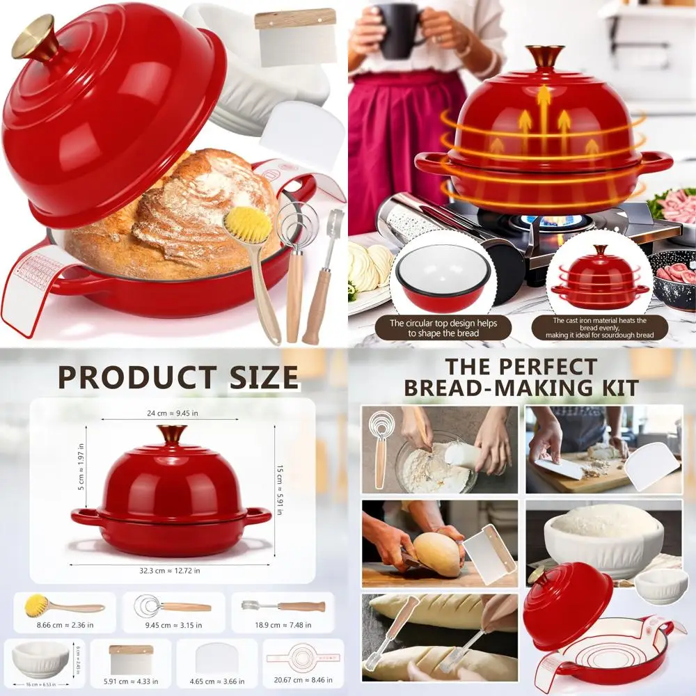 

Enameled Cast Iron Dutch Oven with Lid for Sourdough Baking - 8 Piece Set Including Bread Proofing Basket and Baking Accessories