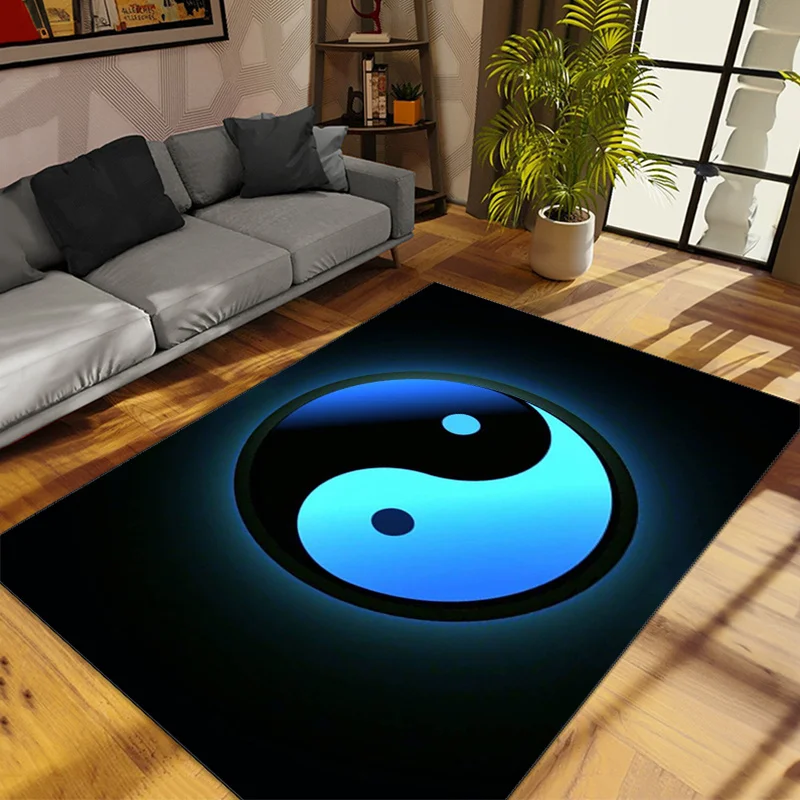 2D Flat Yin Yang Symbol Blue Glow Black Background Flannel Area Rug Non Slip Zen Meditation Carpet For Living Room Patio Floor