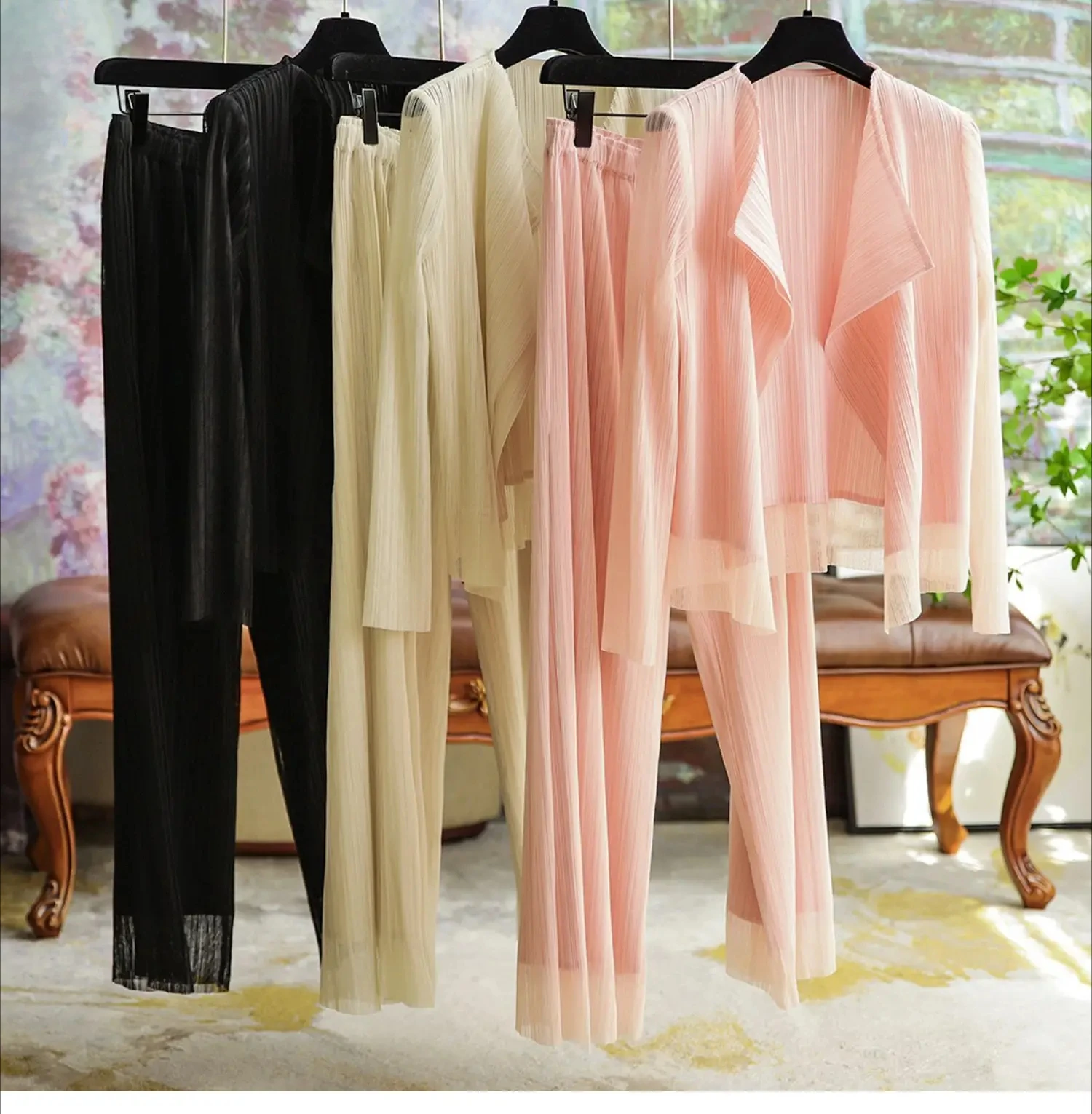 ALSEY Pleated Lace Splicing Design High Quality Solid Color Women's 2 Piece Cardigan + Slim Nine Pants Set