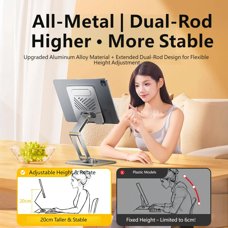 360° Rotation Foldable Adjustable Phone Tablet Stand, Aluminum Alloy Desktop Holder for Live Streaming Office Work Video Watch