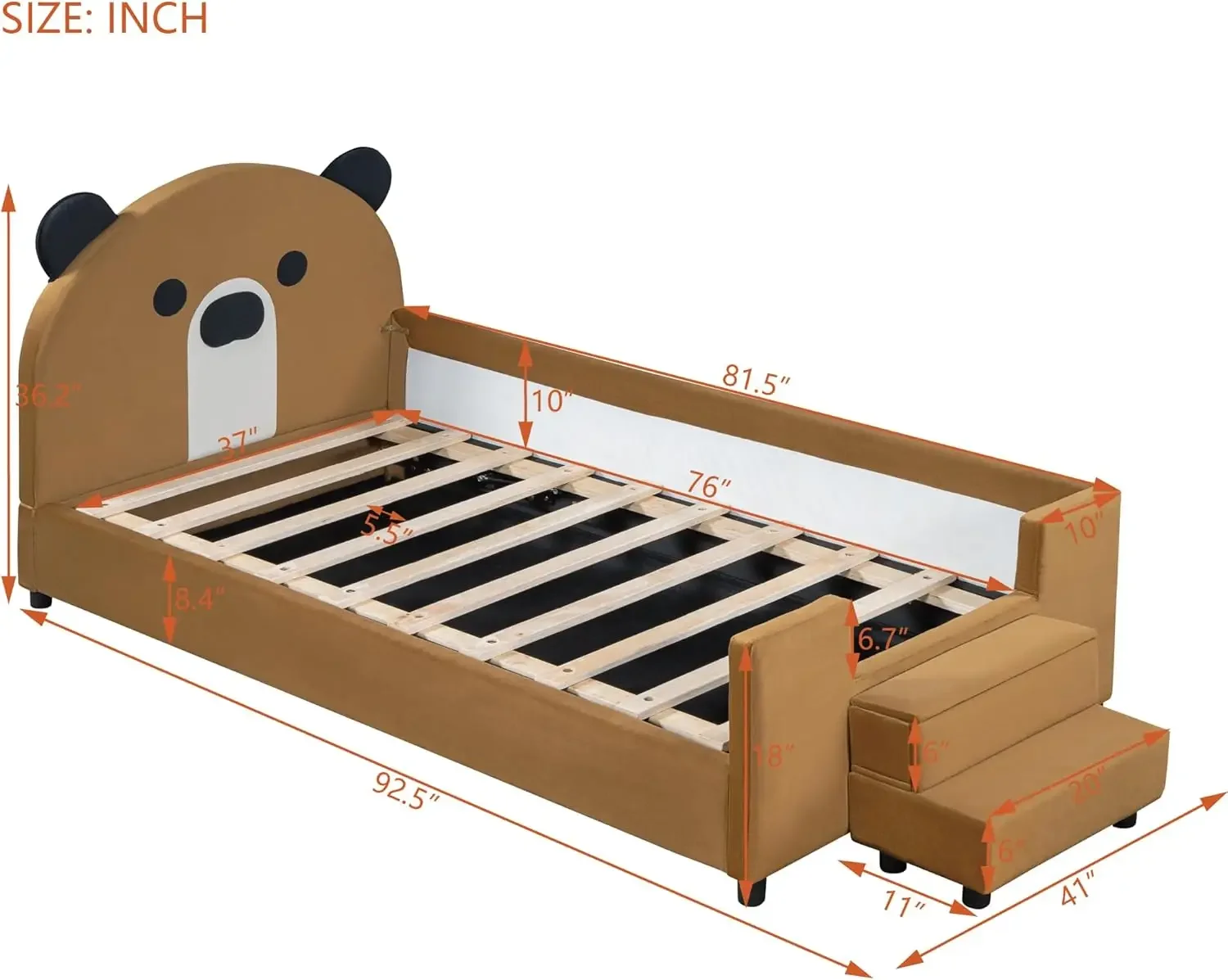 Daybed with Hydraulic System, Breathable Mesh Fence and Stair Pedal, Twin Size Wood Bed Frame with Bear Shaped Headboard for Kid