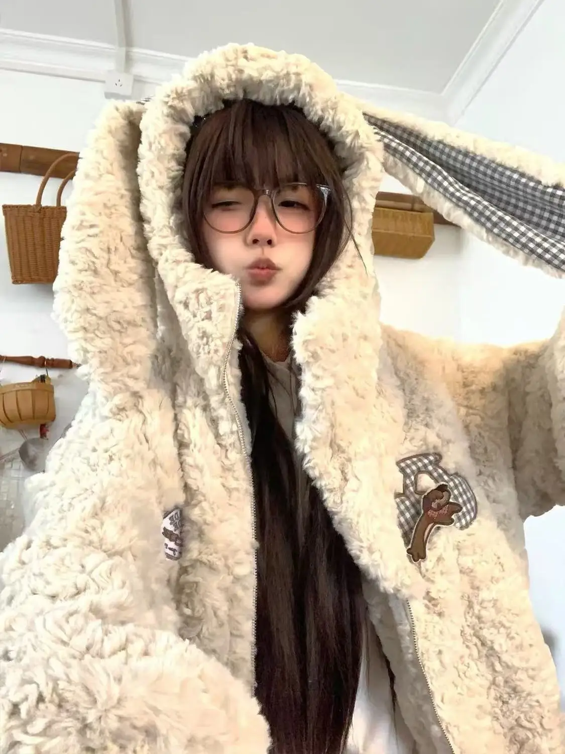 NONSAR American Retro Plaid Long Rabbit Ears Lamb Wool Coat Women Winter Cute Thickened Warm Loose Furry Hooded Jackets