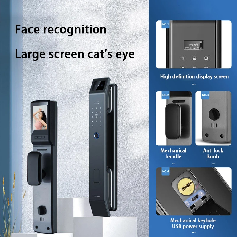 Tuya Smart Door Lock 3D Face Fingerprint Card Swiping Mechanical Key Cat Eye Waterproof App Unlocking