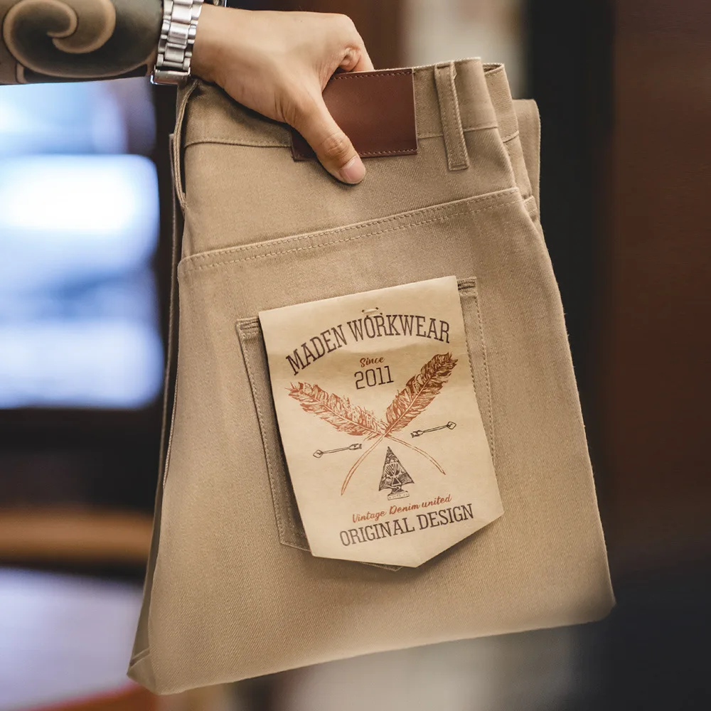 

Джинсы Maden Workwear в американском ретро-стиле, цвета хаки, из денима с оригинальной окраской, с красной кромкой, прямого кроя, длинные брюки, осенние повседневные джинсы