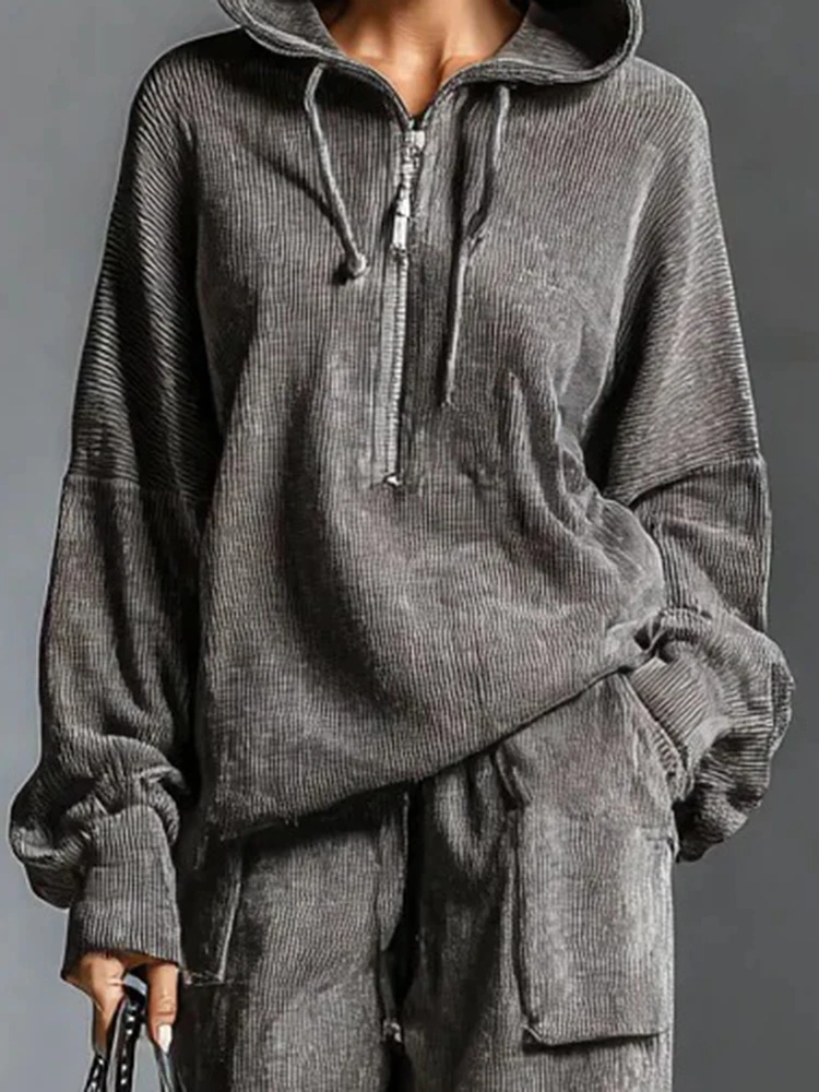 

Casual Hoodies Long Sleeve Tops&Pants Set Autumn Winter New Solid Color Loose Sportwear Sets Elegant Lady Pocket Pants Two Piece