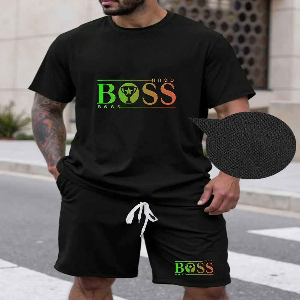 

New summer fitness sportswear for men, short-sleeved T-shirt and shorts two-piece set, breathable and quick-drying casual wear.