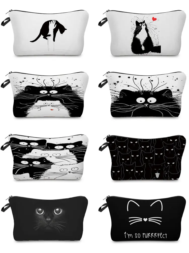 Travel Portable Storage Storage Bag Animal Cute Casual Makeup Bag Women Cosmetic Bags Mini Toiletry Bags Black Cat Printing