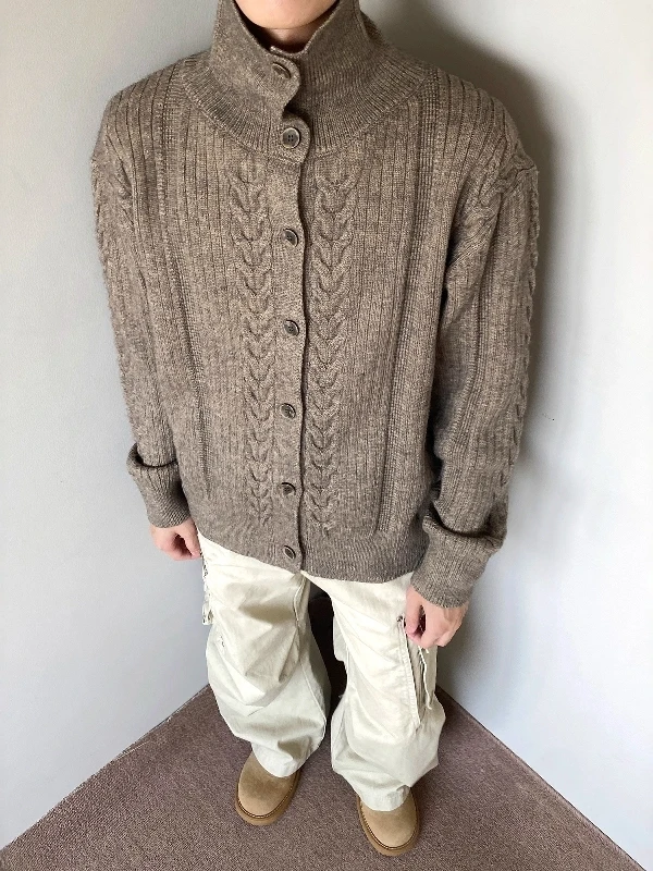 

Autumn Winter American Retro Wheat Ear Stripe Open Cardigan Sweater Men Lazy Warm High Collar Knitted Top Men's Faion