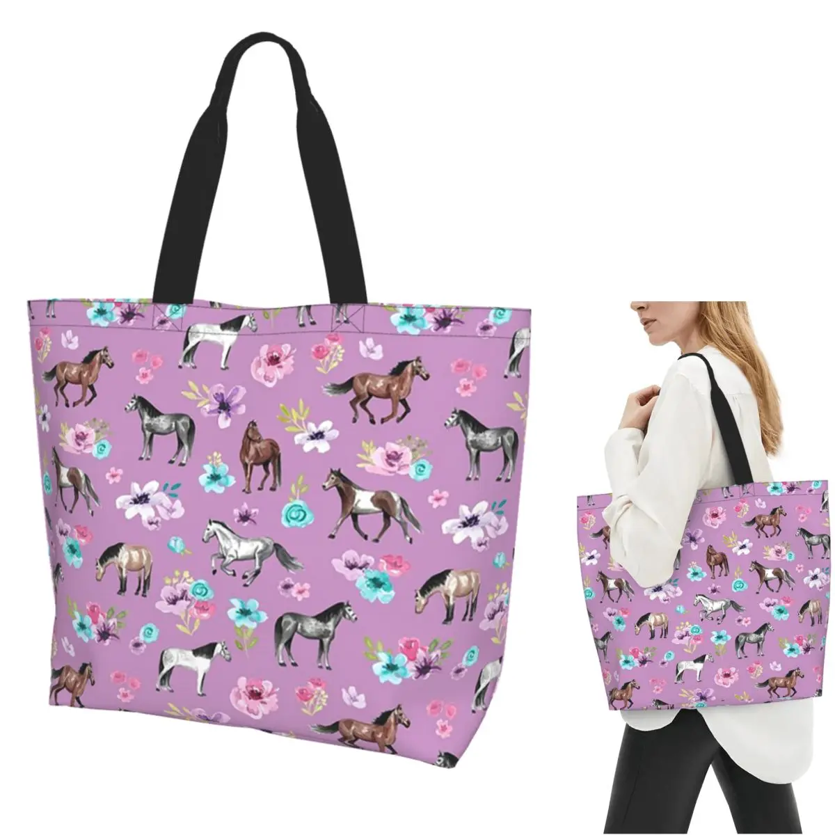 

Horses And Flowers Print, Horse Decor, Light Purple, Pony, Floral Shopping Tote Bag Canvas Shoulder Bags Shopper Grocery Handbag