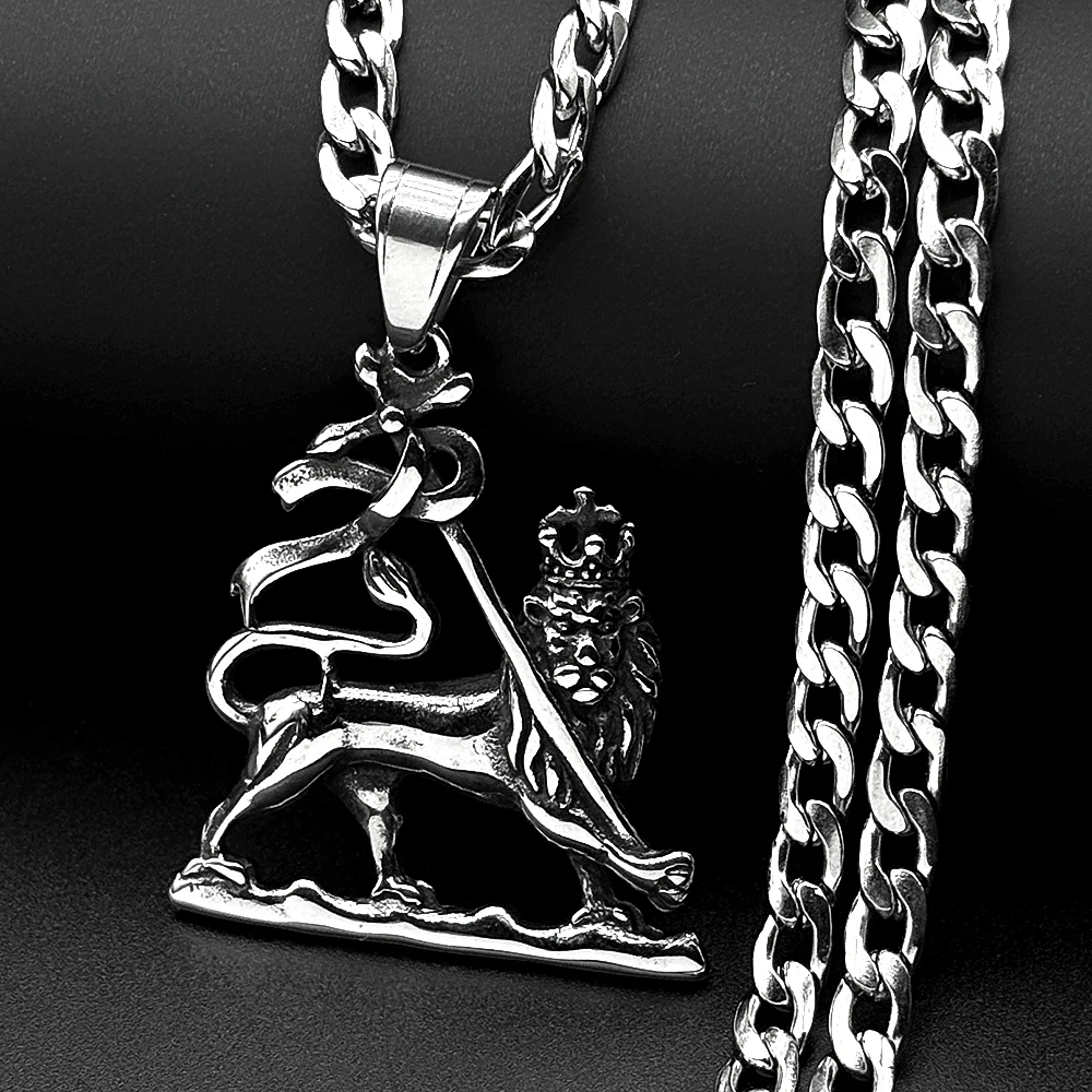 Vintage The Lion of Judah Pendant Necklace for Women Men Silver Color Stainless Steel Ethiopia Crown Lion Chain Jewelry Gift
