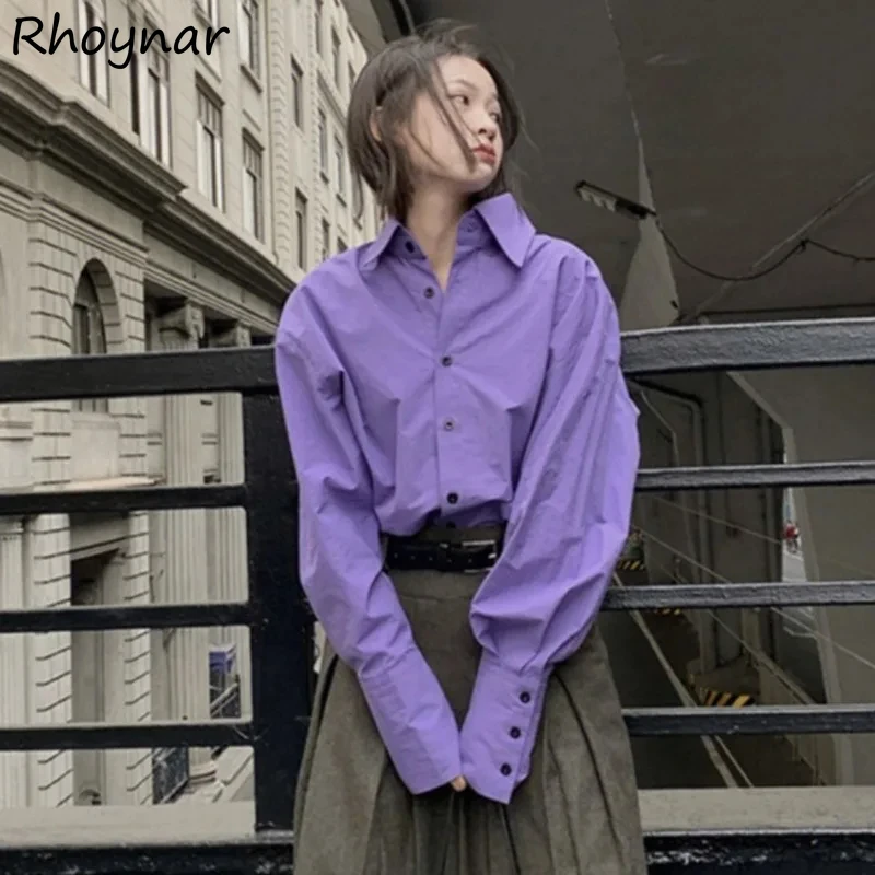 

Рубашки с длинным рукавом, женские однотонные осенние женские свободные повседневные рубашки, шикарные топы, французская уличная одежда, универсальные пуговицы с отложным воротником