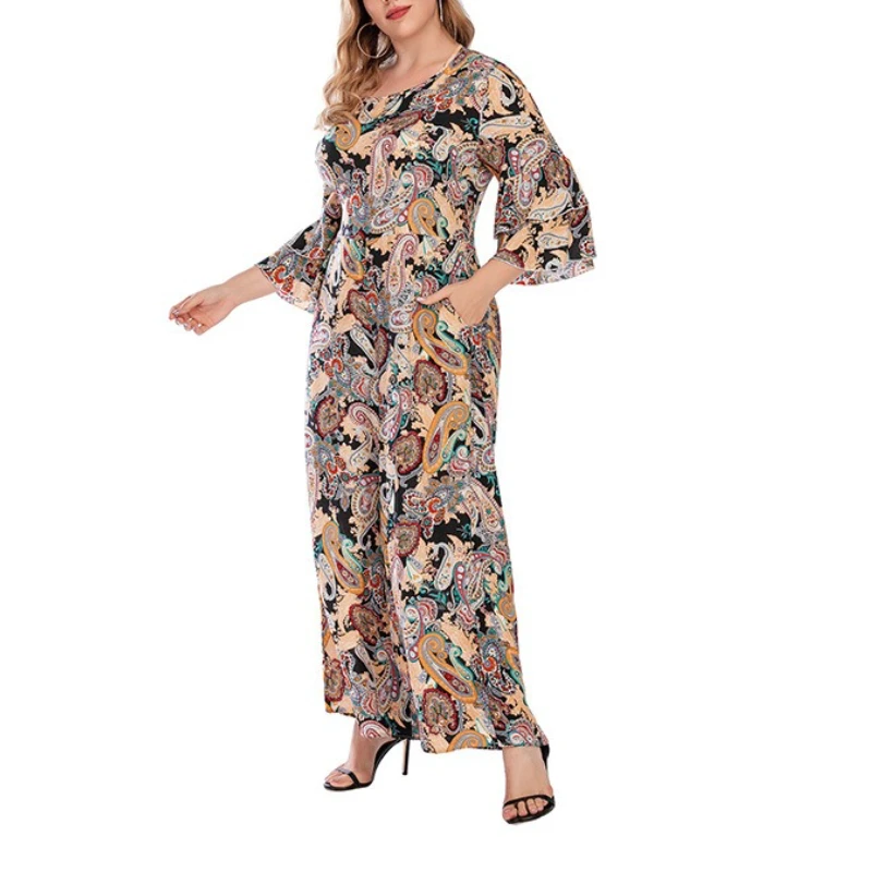 Tinaa Plus Size Jumpsuits Women 2025 Spring Print O-neck Flare Sleeve Lazy Comfortable Wide-leg Pant-hem Casual Overall Jumpsuit