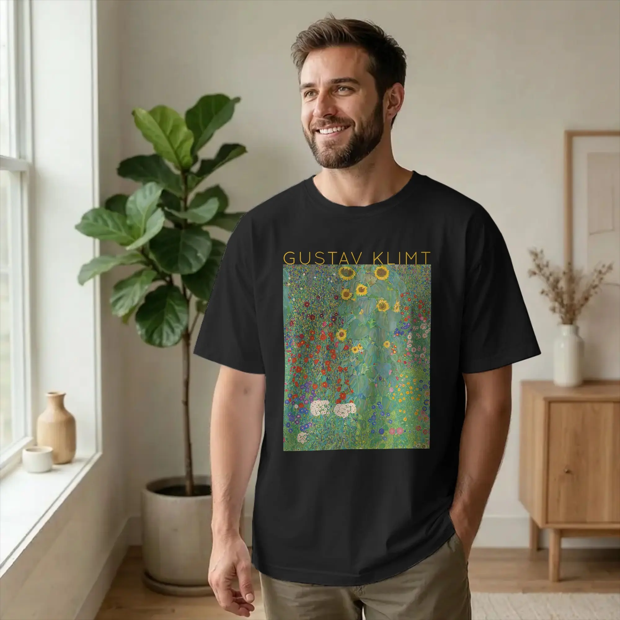 Men T-Shirts Gustav Klimt Sunflowers Artists Awesome 100% Cotton Tees Short Sleeve Classic Art T Shirts Crewneck Clothing Summer