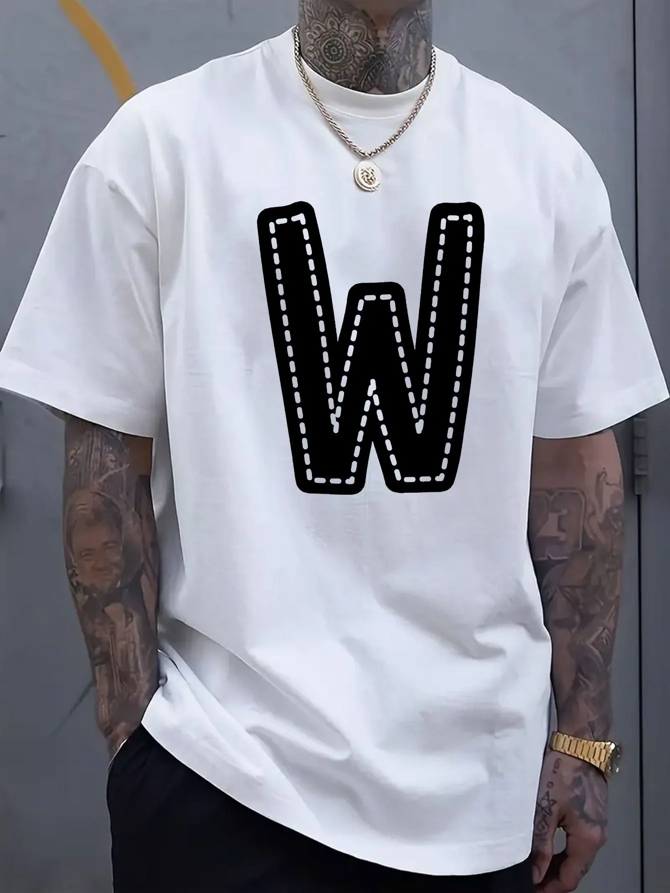 

Ultra Large Design Exclusive to Your Letter "W" Printed Short Sleeved Collar T-Shirt, Soft And Comfortable 100% Pure Cotton Top,
