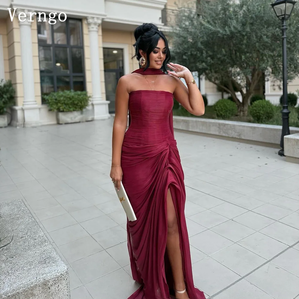 

Verngo Burgundy Satin Evening Dress Strapless A Line Pleated Prom Gowns Women Elegant Split Formal Occasion Dress Customized