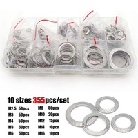355pcs/set M2.5 to M16 DIN9250 304 Stainless Steel Knurled Elastic Gasket Disc Spring Serrated Lock Washer Assortment Kit Set