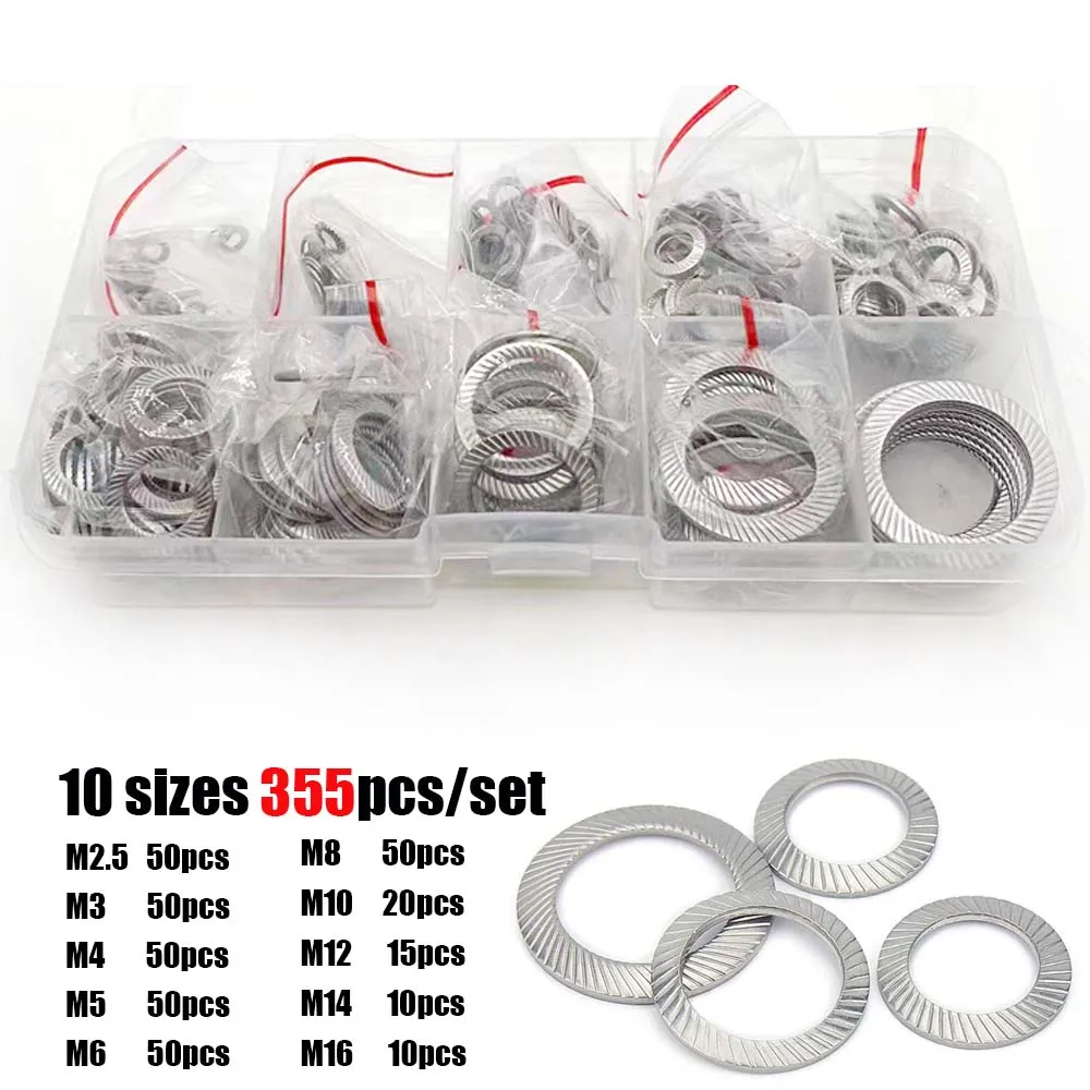 355pcs/set M2.5 to M16 DIN9250 304 Stainless Steel Knurled Elastic Gasket Disc Spring Serrated Lock Washer Assortment Kit Set