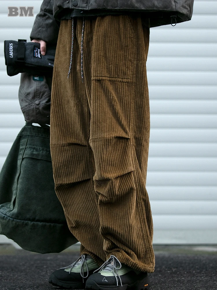 Japanese Vintage High Quality Corduroy Pleated Casual Pants Harajuku Thick Straight Pants Fashion Trousers Loose Men Clothing