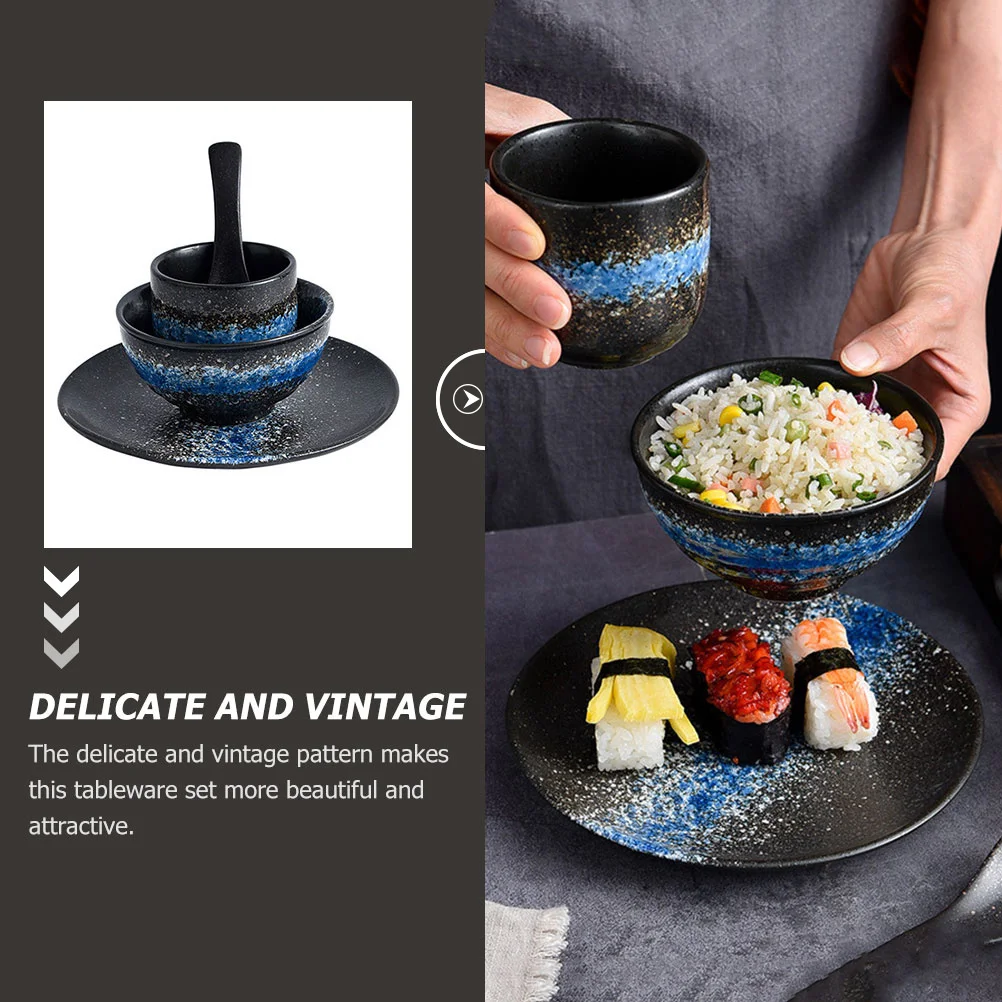 

1Set Japanese Style Ceramic Bowl Four-Piece Set Vintage Pattern Household Sushi Plate Multi-Function Dinner Accessory