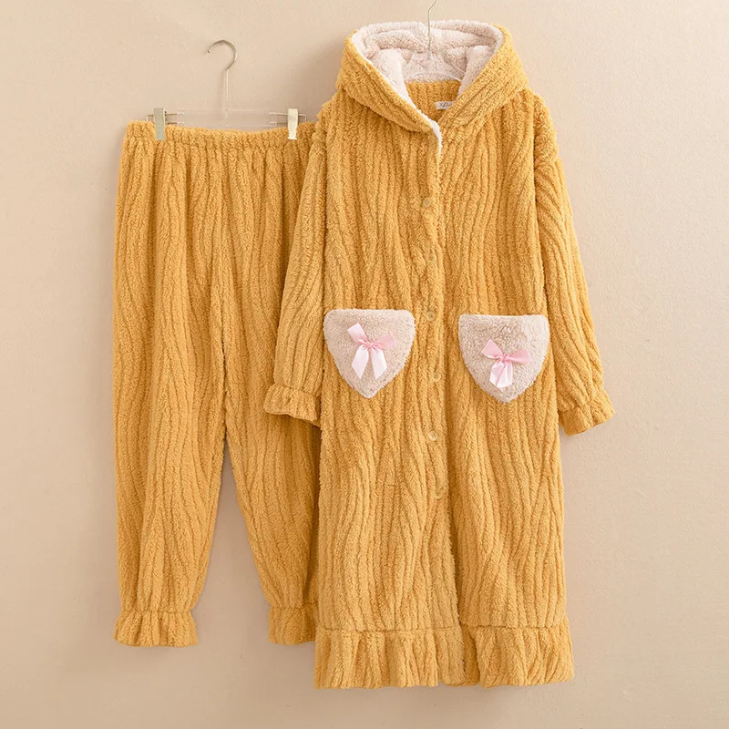 Flannel 2PCS Pajamas Cute Hooded Nightgown Pants Set Warm Casual Home Clothes Women's Plus Size 4XL 5XL Autumn Winter Sleepwear