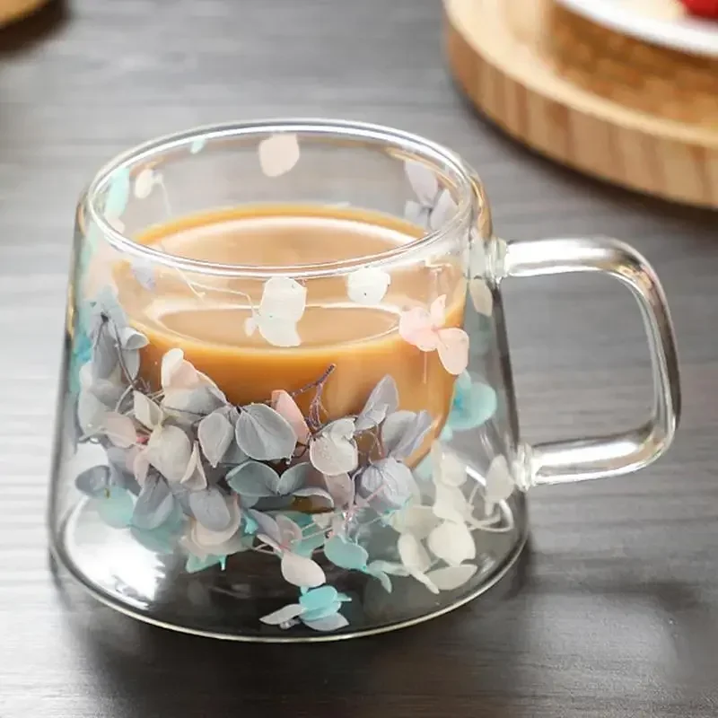 Dried Flower Double-layer Glass Coffee Cup,Simple Thick Cup Mouth Anti Scalding Milk Cup,Environmentally Friendly Heat-resistant
