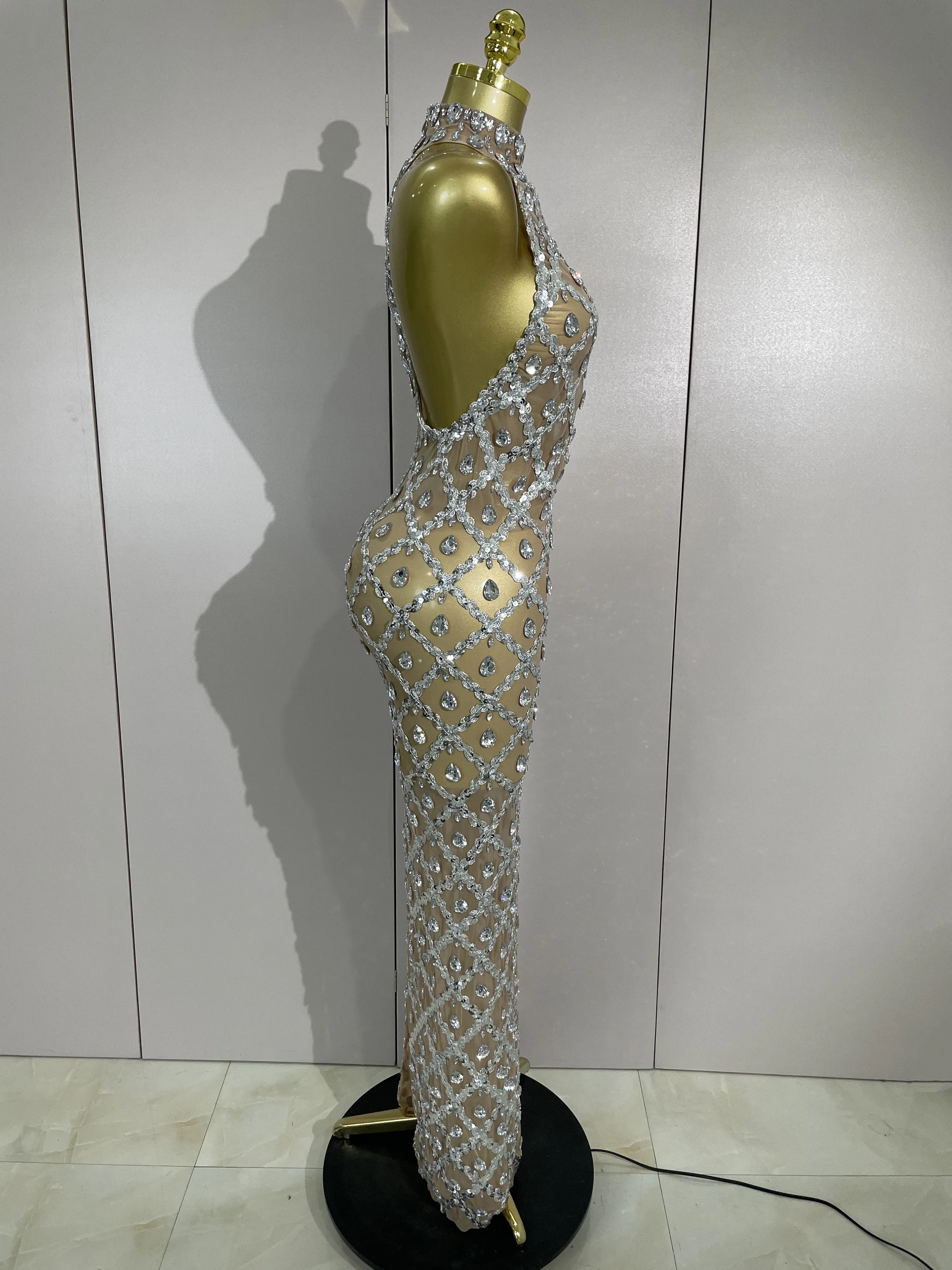 الأسهم الفاخرة سباركلي الماس الترتر شبكة شير فستان طويل المرأة احتفال مساء حفلة عيد ميلاد مثير ملهى ليلي المرحلة زي